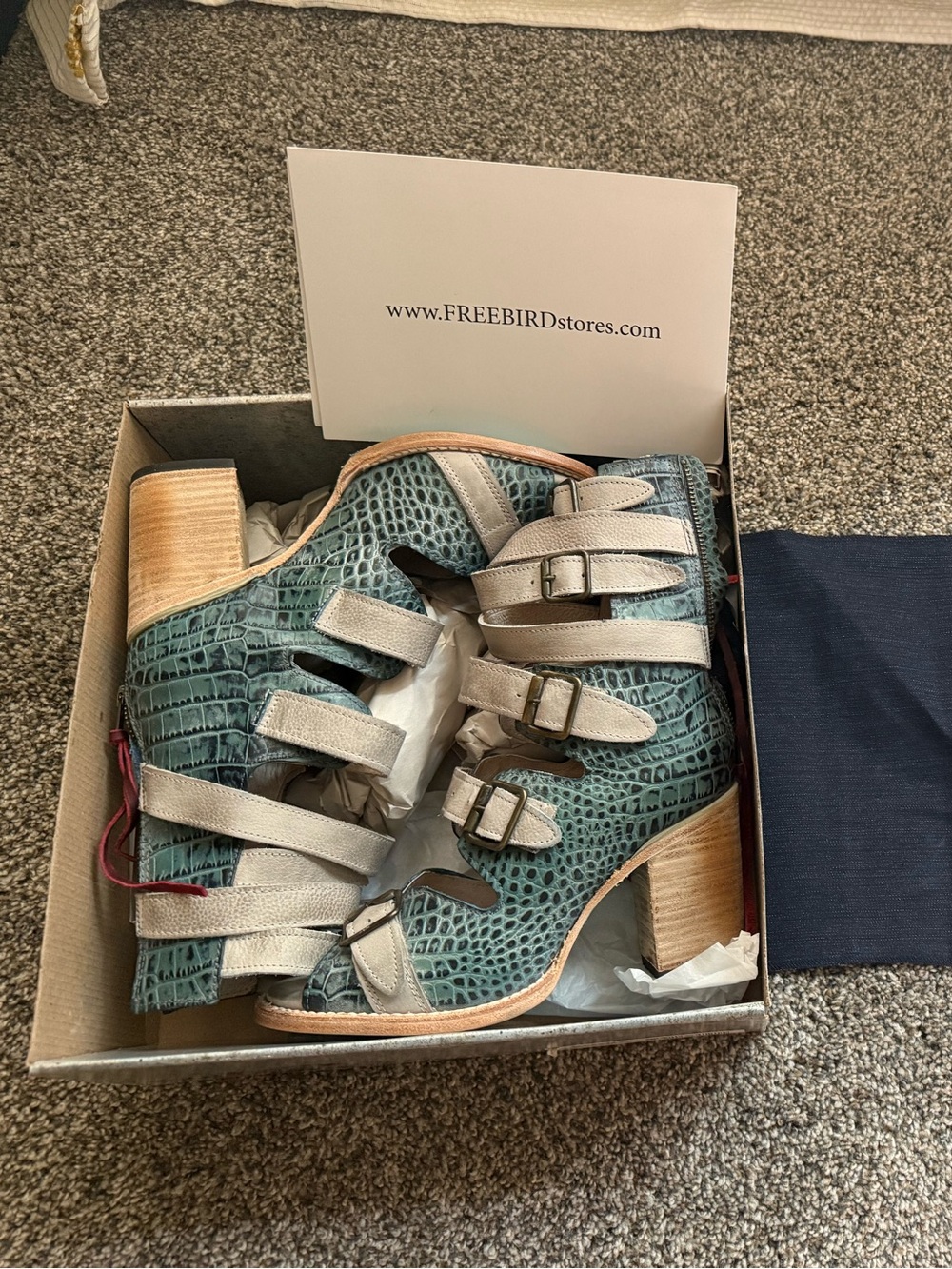 FreeBird Teal Croc-Embossed Buckle Sandals with Taupe Straps- SZ 10